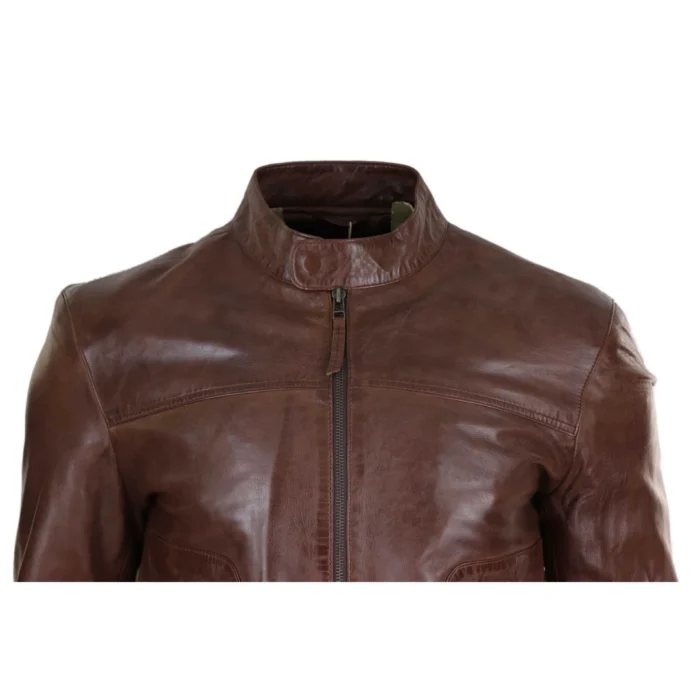 Mens Classic Casual Genuine Leather Biker Style Jacket Collarless Retro - Image 8