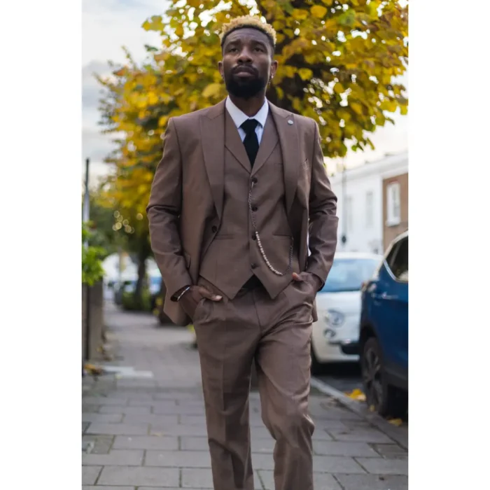 Mens Classic 3 Piece Suit Brown Pocket Chain Wedding Tailored Fit Vintage Formal - Image 2