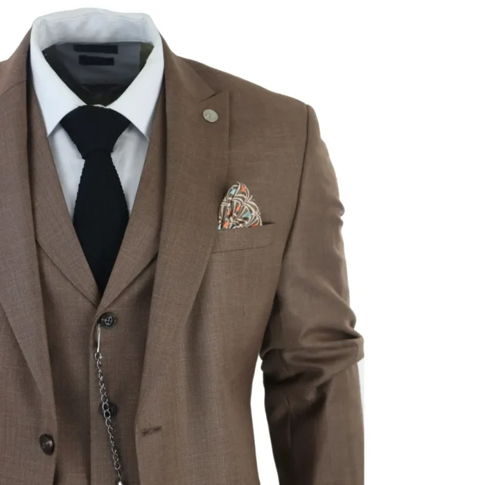 Mens Classic 3 Piece Suit Brown Pocket Chain Wedding Tailored Fit Vintage Formal - Image 6