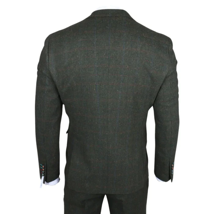 Men's Suit Wool Blend 3 Piece Olive Green Herringbone Check Tweed Slim Fit Formal Dress - Image 9