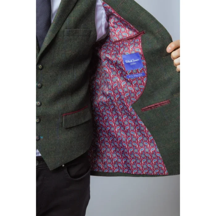 Men's Suit Wool Blend 3 Piece Olive Green Herringbone Check Tweed Slim Fit Formal Dress - Image 4