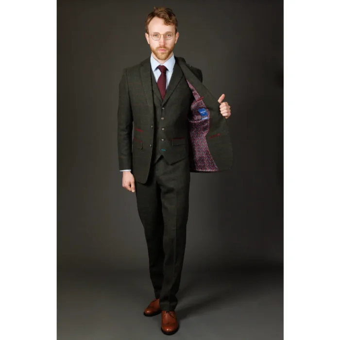 Men's Suit Wool Blend 3 Piece Olive Green Herringbone Check Tweed Slim Fit Formal Dress - Image 5