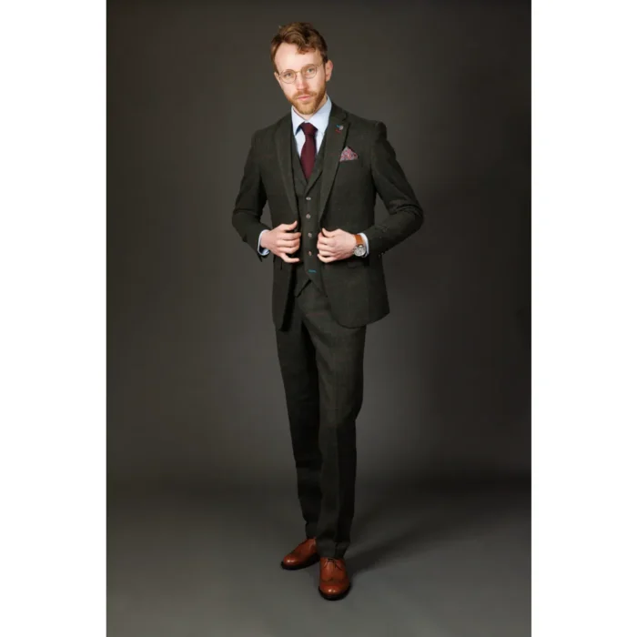 Men's Suit Wool Blend 3 Piece Olive Green Herringbone Check Tweed Slim Fit Formal Dress - Image 2