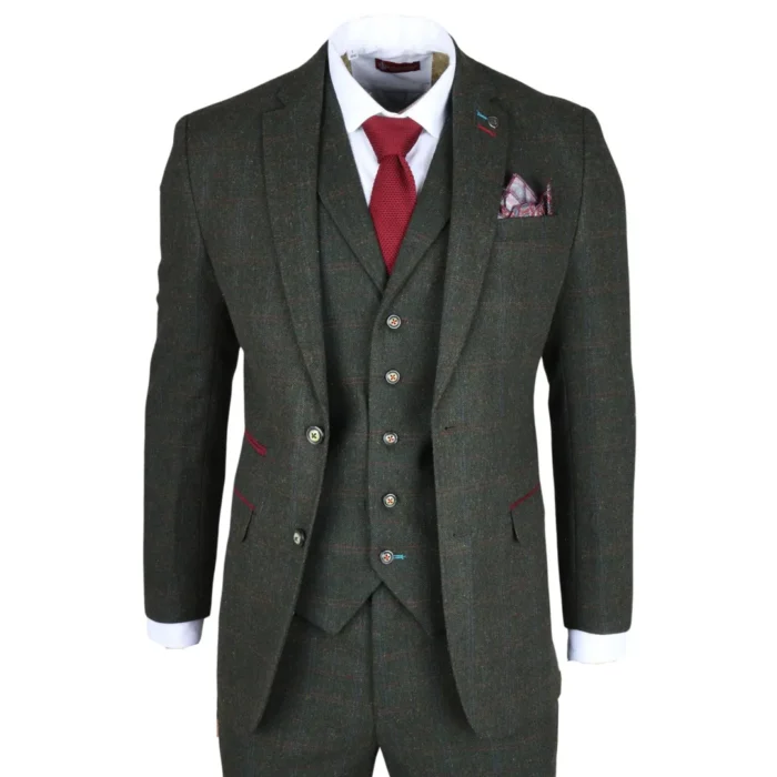 Men's Suit Wool Blend 3 Piece Olive Green Herringbone Check Tweed Slim Fit Formal Dress - Image 1