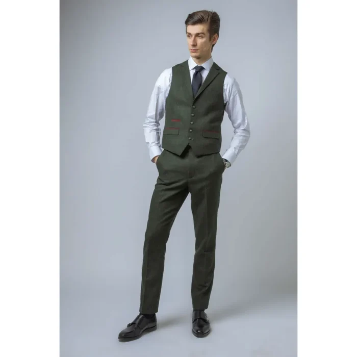 Men's Suit Wool Blend 3 Piece Olive Green Herringbone Check Tweed Slim Fit Formal Dress - Image 3