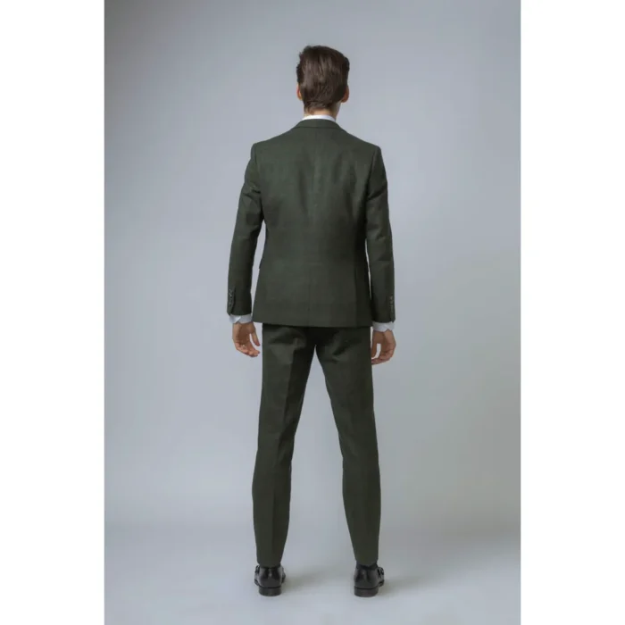Men's Suit Wool Blend 3 Piece Olive Green Herringbone Check Tweed Slim Fit Formal Dress - Image 8