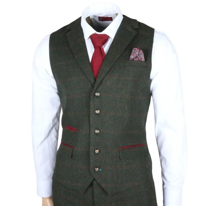 Men's Suit Wool Blend 3 Piece Olive Green Herringbone Check Tweed Slim Fit Formal Dress - Image 6