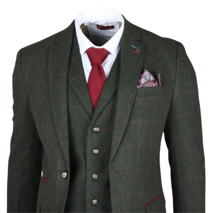 Men's Suit Wool Blend 3 Piece Olive Green Herringbone Check Tweed Slim Fit Formal Dress - Image 7