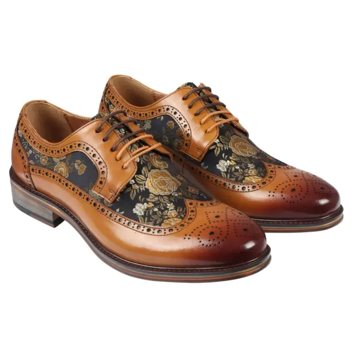 Men's Shoes Floral Print Leather Oxford Brogue Lace Up Formal Dress Shoe - Image 14