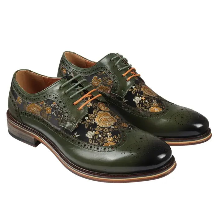 Men's Shoes Floral Print Leather Oxford Brogue Lace Up Formal Dress Shoe - Image 21