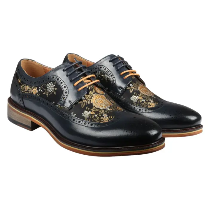 Men's Shoes Floral Print Leather Oxford Brogue Lace Up Formal Dress Shoe - Image 28
