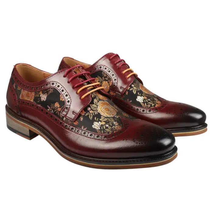Men's Shoes Floral Print Leather Oxford Brogue Lace Up Formal Dress Shoe - Image 36