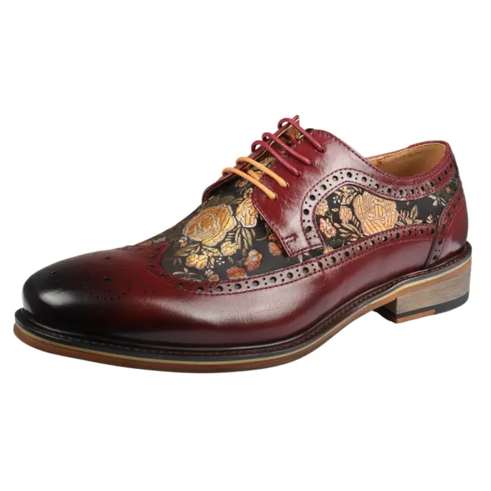 Men's Shoes Floral Print Leather Oxford Brogue Lace Up Formal Dress Shoe - Image 35