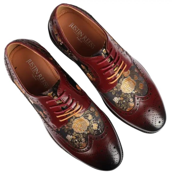 Men's Shoes Floral Print Leather Oxford Brogue Lace Up Formal Dress Shoe - Image 31