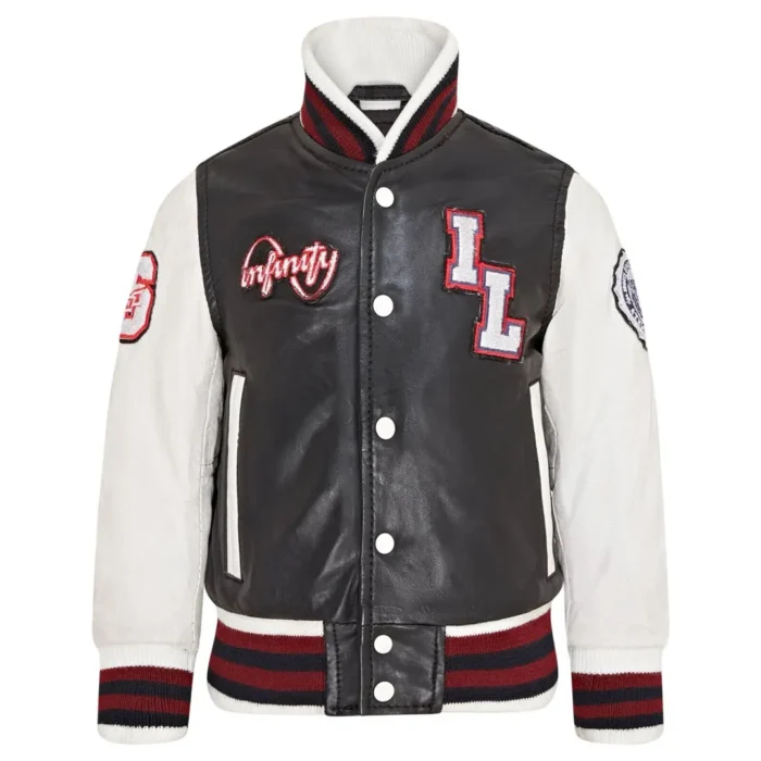 Kids Black Genuine Leather Bomber Jacket Baseball Letterman Coat - Image 1