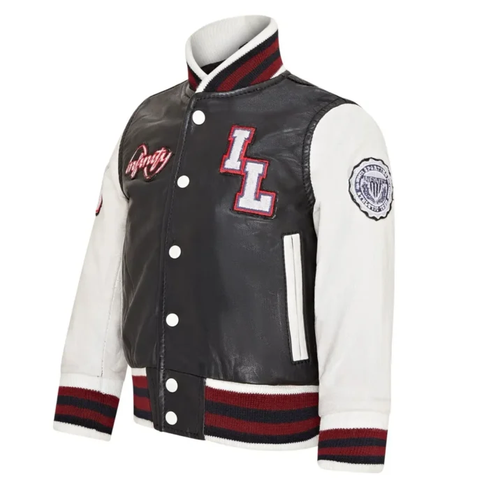 Kids Black Genuine Leather Bomber Jacket Baseball Letterman Coat - Image 2