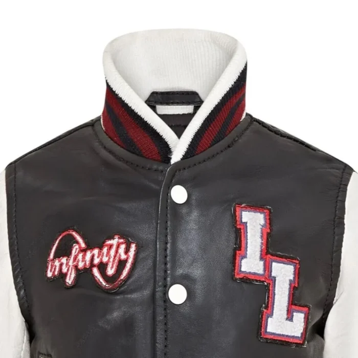 Kids Black Genuine Leather Bomber Jacket Baseball Letterman Coat - Image 3