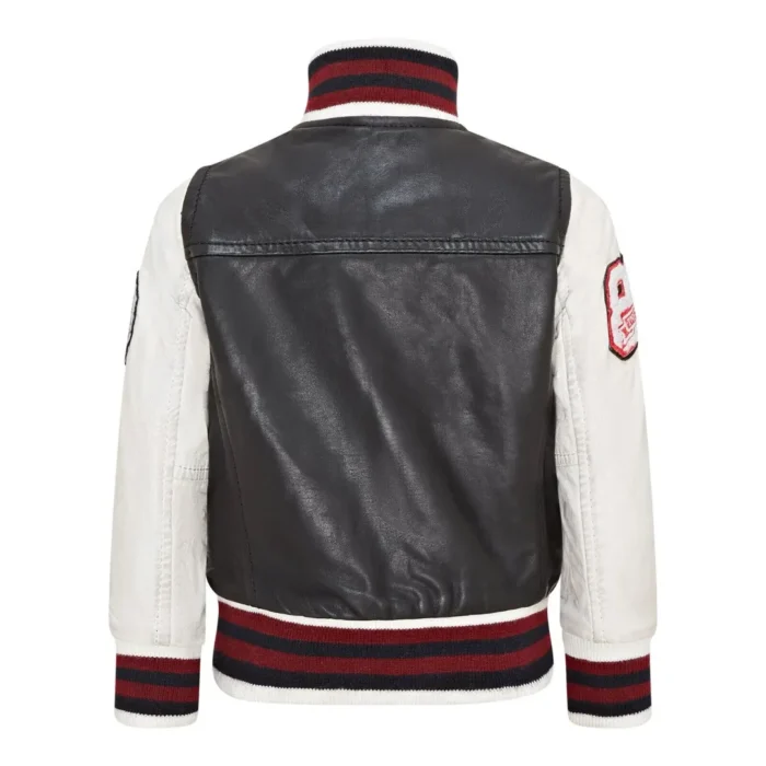 Kids Black Genuine Leather Bomber Jacket Baseball Letterman Coat - Image 4