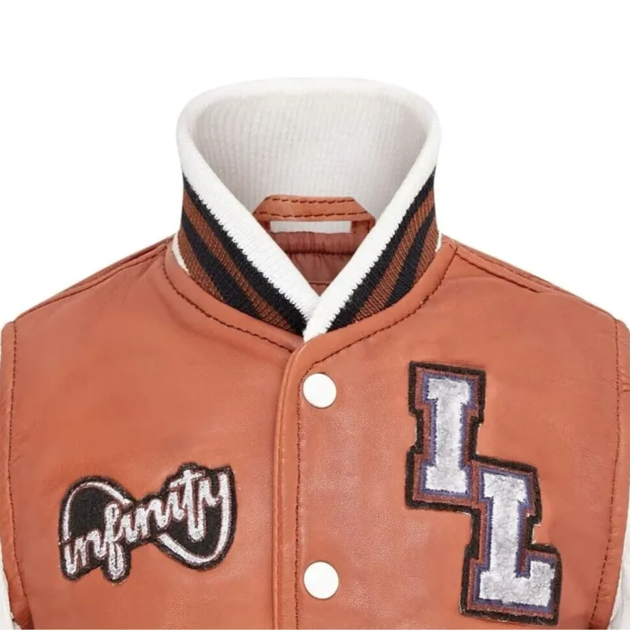 Kids Tan Brown Genuine Leather Bomber Jacket Baseball Letterman Coat - Image 4