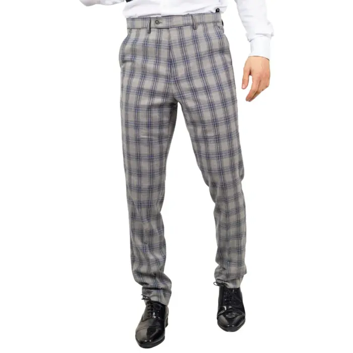 Men's Trousers Grey Blue Checked Casual Formal Pants - Image 1