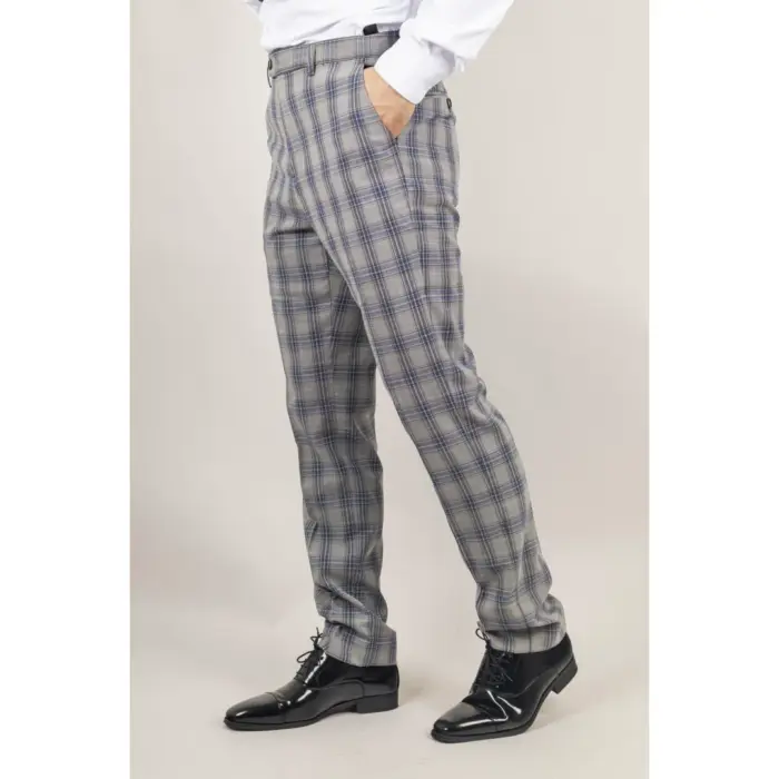 Men's Trousers Grey Blue Checked Casual Formal Pants - Image 2