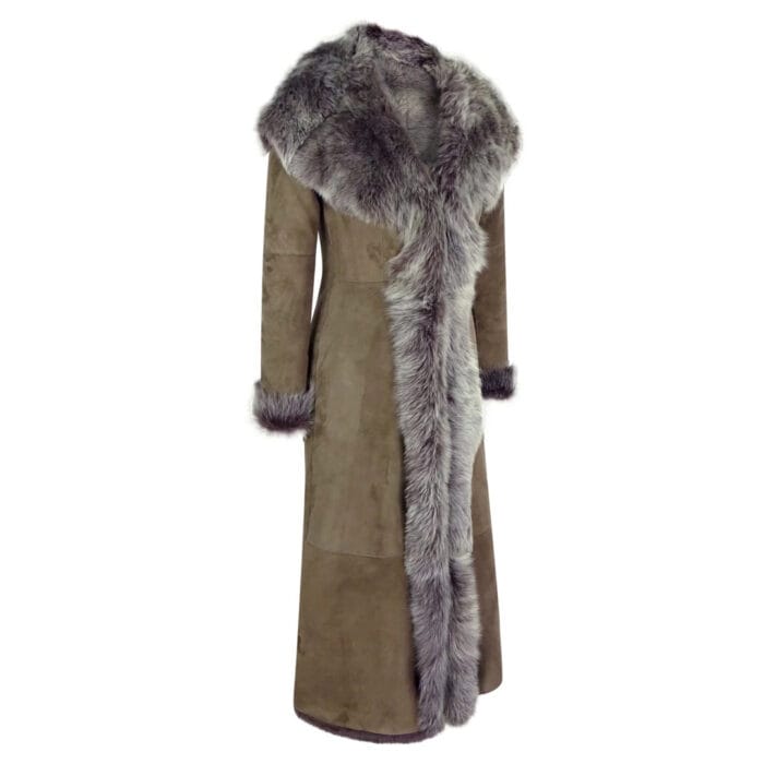 Ladies Suede Toscana Full Length Hooded Taupe Sheepskin Leather Trench Coat - Image 2