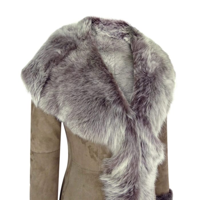 Ladies Suede Toscana Full Length Hooded Taupe Sheepskin Leather Trench Coat - Image 3