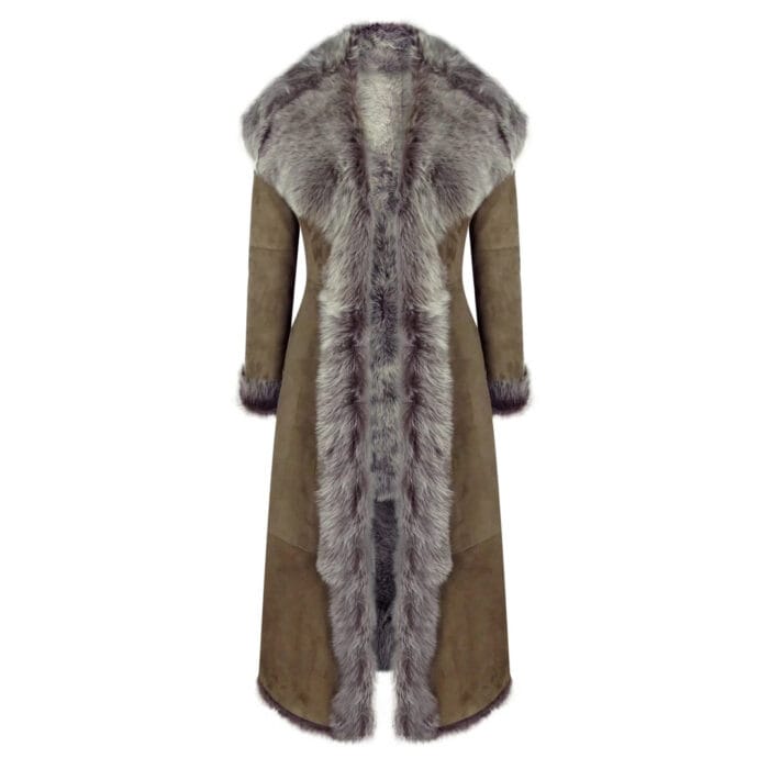 Ladies Suede Toscana Full Length Hooded Taupe Sheepskin Leather Trench Coat - Image 4