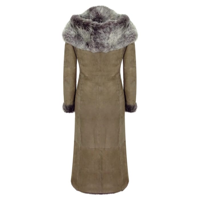 Ladies Suede Toscana Full Length Hooded Taupe Sheepskin Leather Trench Coat - Image 5