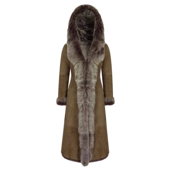 Ladies Suede Toscana Full Length Hooded Taupe Sheepskin Leather Trench Coat - Image 6