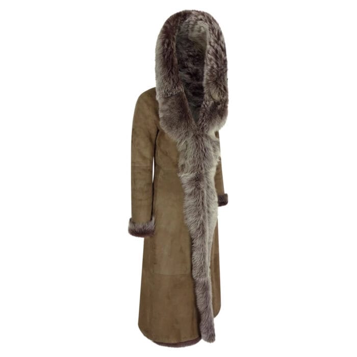 Ladies Suede Toscana Full Length Hooded Taupe Sheepskin Leather Trench Coat - Image 7