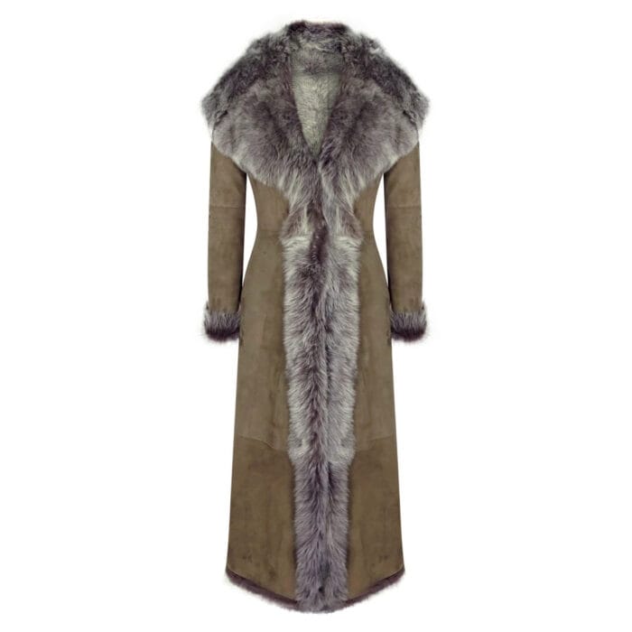 Ladies Suede Toscana Full Length Hooded Taupe Sheepskin Leather Trench Coat - Image 1