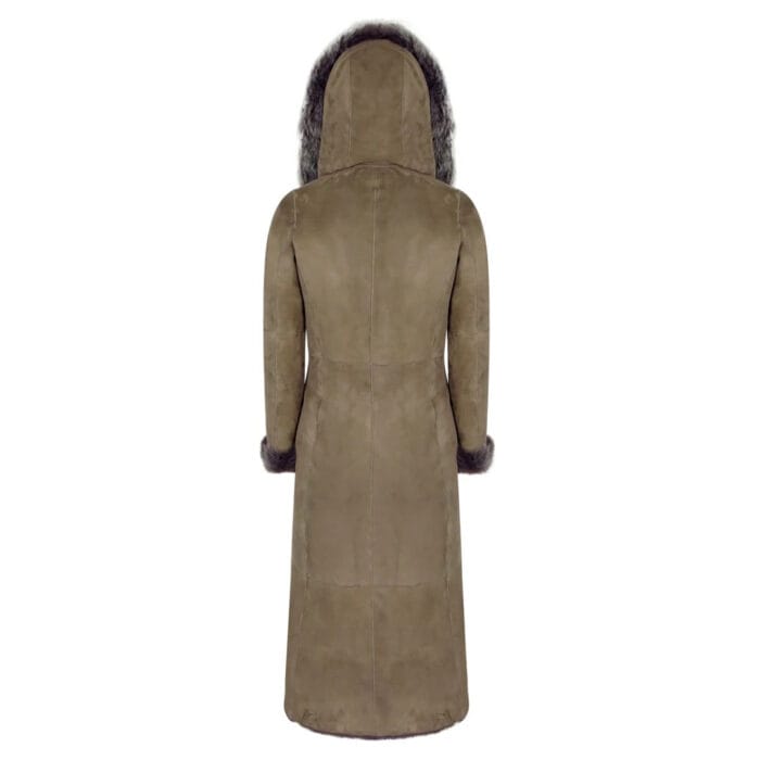 Ladies Suede Toscana Full Length Hooded Taupe Sheepskin Leather Trench Coat - Image 8