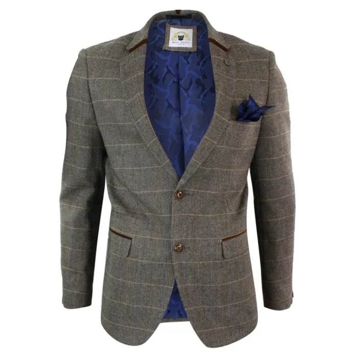Mens Herringbone Tweed Marc Darcy Tan Brown Slim Fit 2 Button Blazer Check Jacket - Image 1