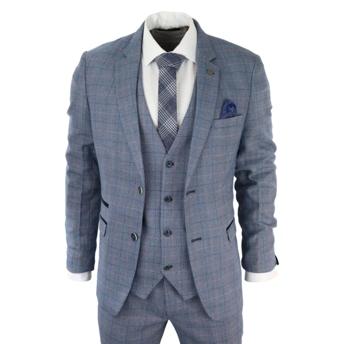 Mens 3 Piece Suit Sky Blue Check Wool Feel Marc Darcy Tailored Fit Wedding Prom Harry - Image 1