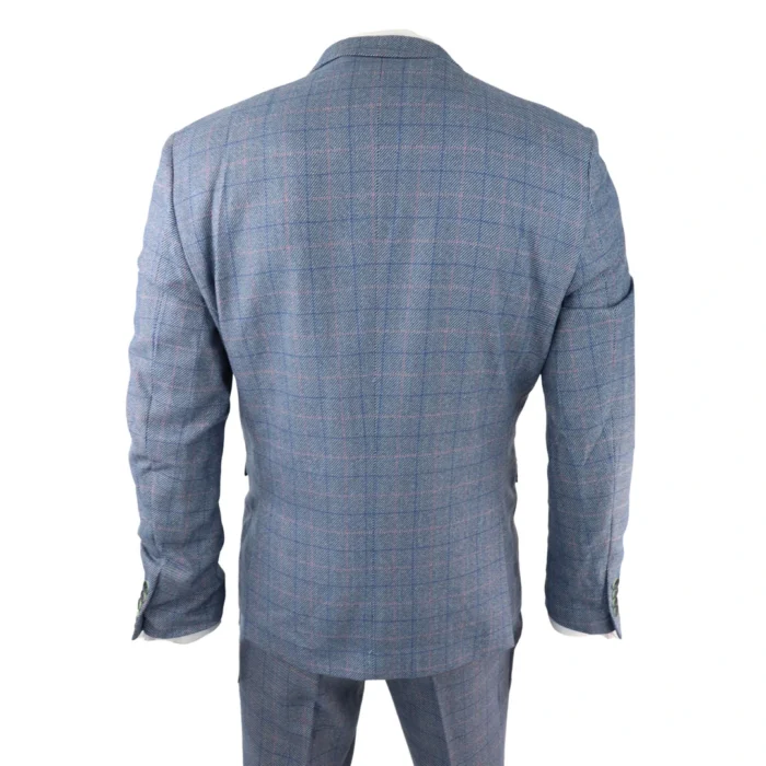 Mens 3 Piece Suit Sky Blue Check Wool Feel Marc Darcy Tailored Fit Wedding Prom Harry - Image 6