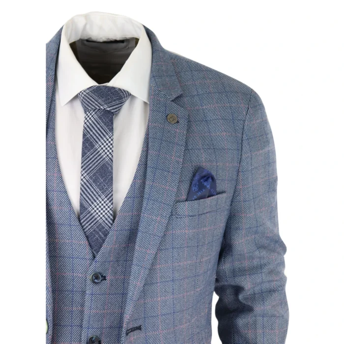 Mens 3 Piece Suit Sky Blue Check Wool Feel Marc Darcy Tailored Fit Wedding Prom Harry - Image 4