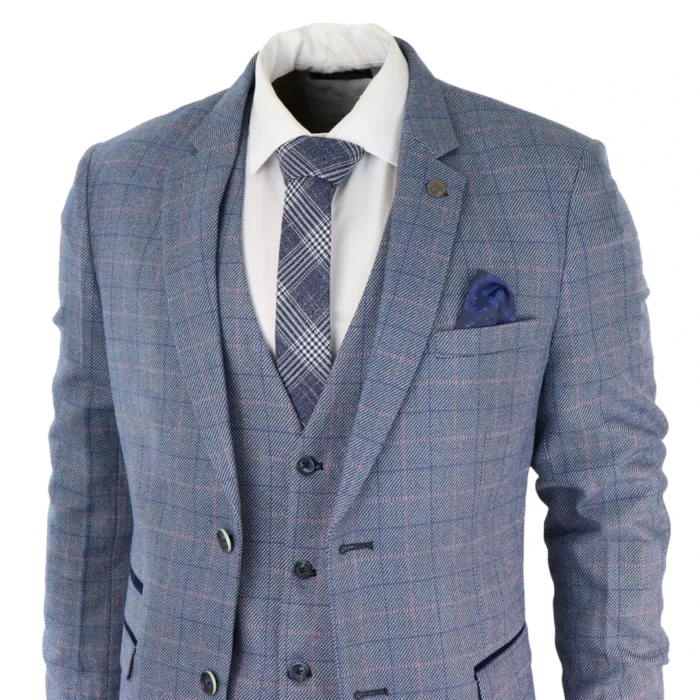 Mens 3 Piece Suit Sky Blue Check Wool Feel Marc Darcy Tailored Fit Wedding Prom Harry - Image 3