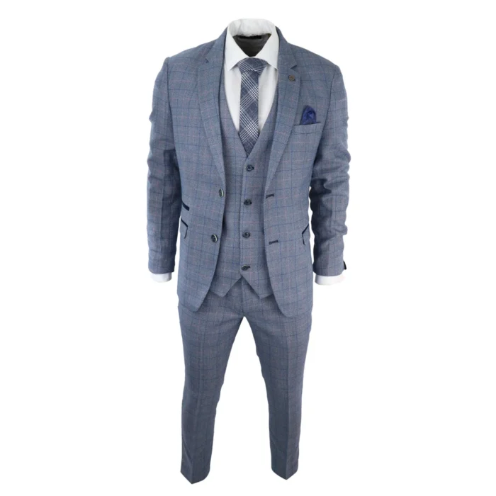 Mens 3 Piece Suit Sky Blue Check Wool Feel Marc Darcy Tailored Fit Wedding Prom Harry - Image 2