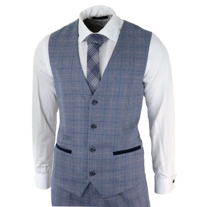 Mens 3 Piece Suit Sky Blue Check Wool Feel Marc Darcy Tailored Fit Wedding Prom Harry - Image 5