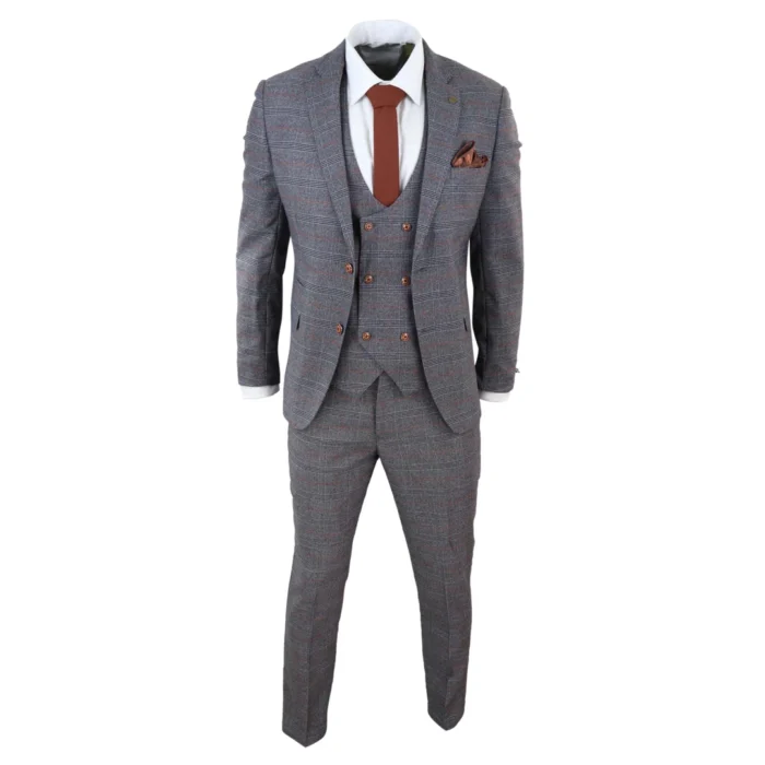 Grey Tweed 3 Piece Suit Prince Of Wales Check Slim Fit Double Breast Waistcoat - Image 3