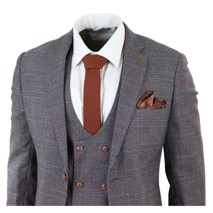 Grey Tweed 3 Piece Suit Prince Of Wales Check Slim Fit Double Breast Waistcoat - Image 4