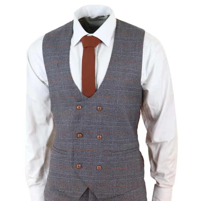 Grey Tweed 3 Piece Suit Prince Of Wales Check Slim Fit Double Breast Waistcoat - Image 6