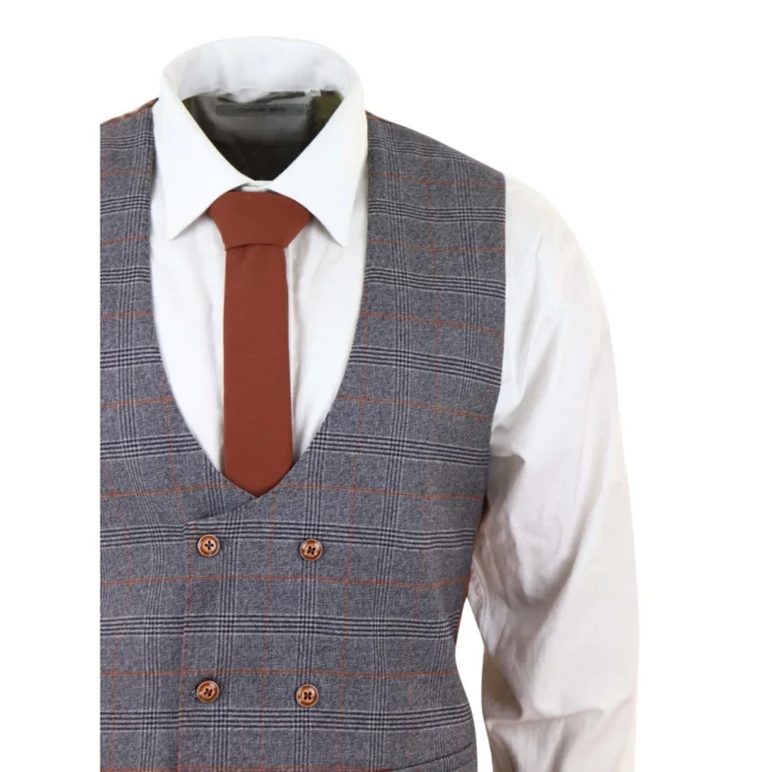 Grey Tweed 3 Piece Suit Prince Of Wales Check Slim Fit Double Breast Waistcoat - Image 7