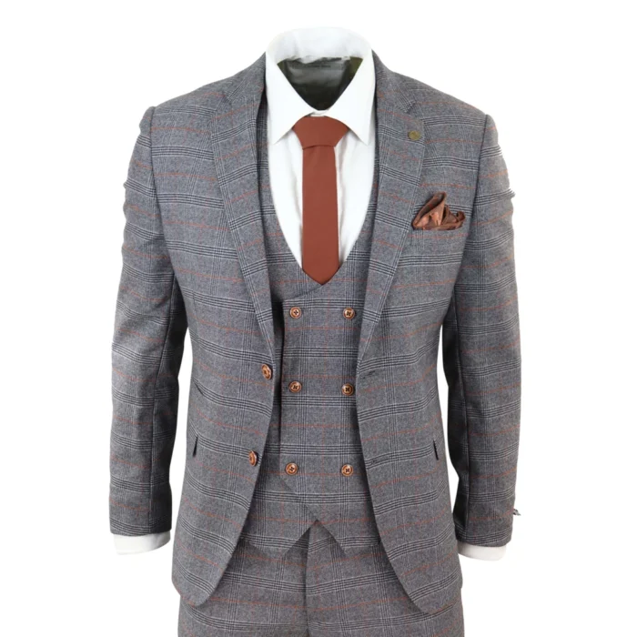 Grey Tweed 3 Piece Suit Prince Of Wales Check Slim Fit Double Breast Waistcoat - Image 1