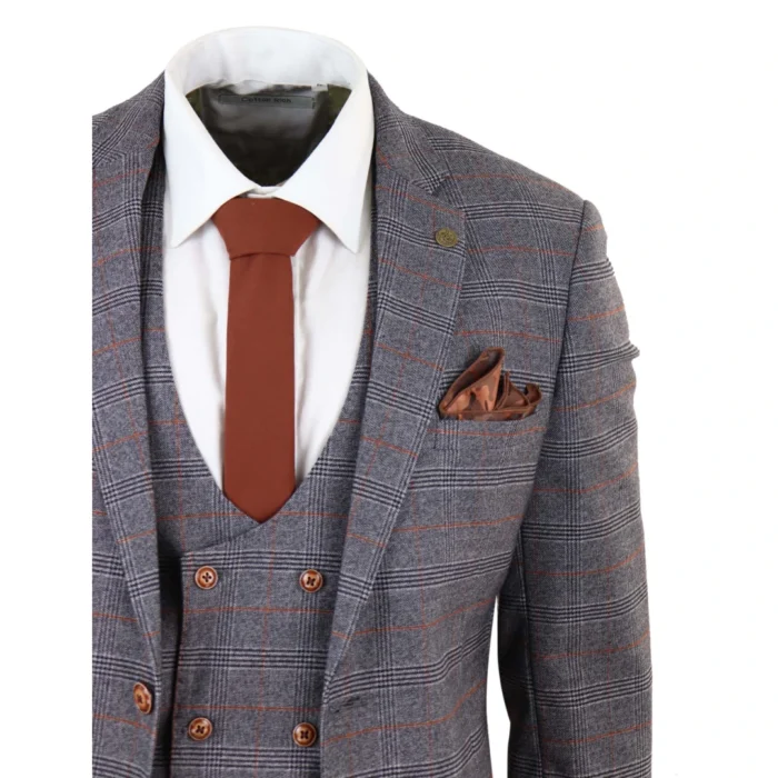 Grey Tweed 3 Piece Suit Prince Of Wales Check Slim Fit Double Breast Waistcoat - Image 5