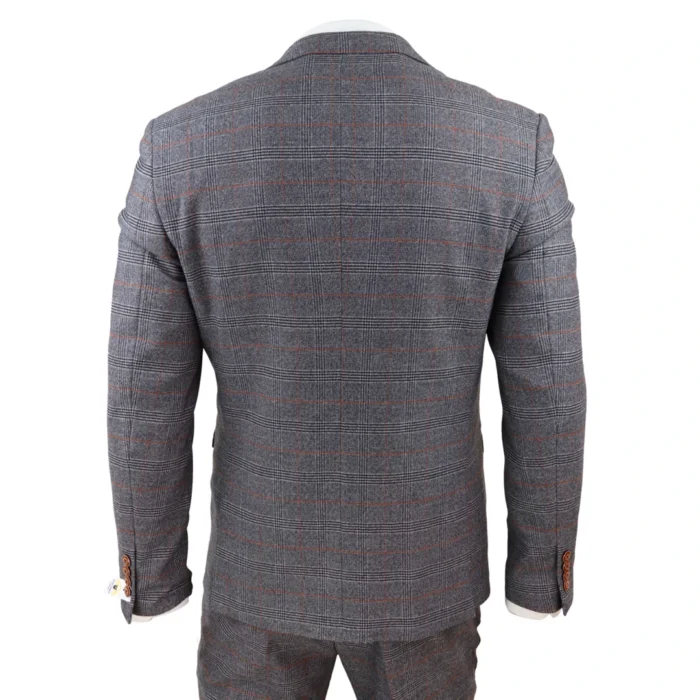 Grey Tweed 3 Piece Suit Prince Of Wales Check Slim Fit Double Breast Waistcoat - Image 8