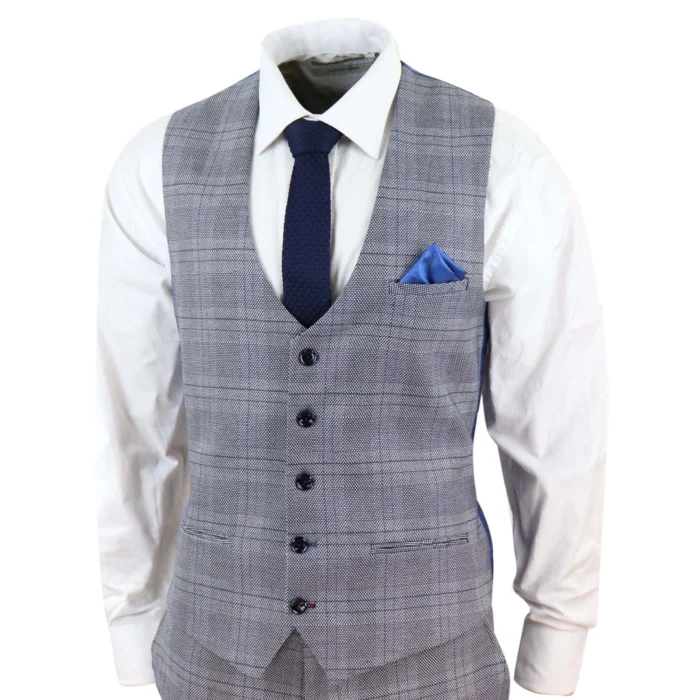 Mens Marc Darcy 3 Piece Suit Grey Prince Of Wales Blue Check Vintage Retro - Image 7