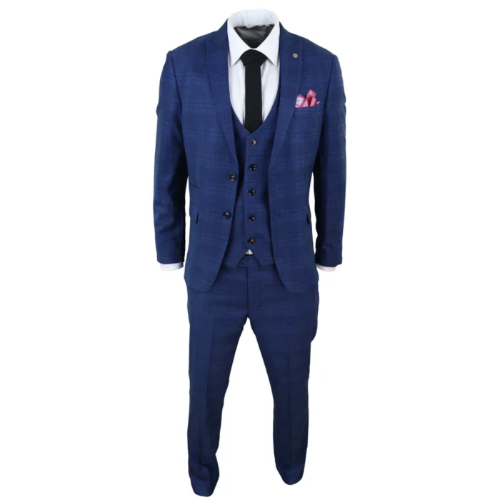 Mens Marc Darcy 3 Piece Suit Blue Prince Of Wales Black Check Vintage Retro - Image 3
