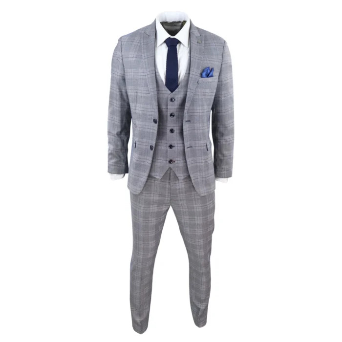 Mens Marc Darcy 3 Piece Suit Grey Prince Of Wales Blue Check Vintage Retro - Image 3